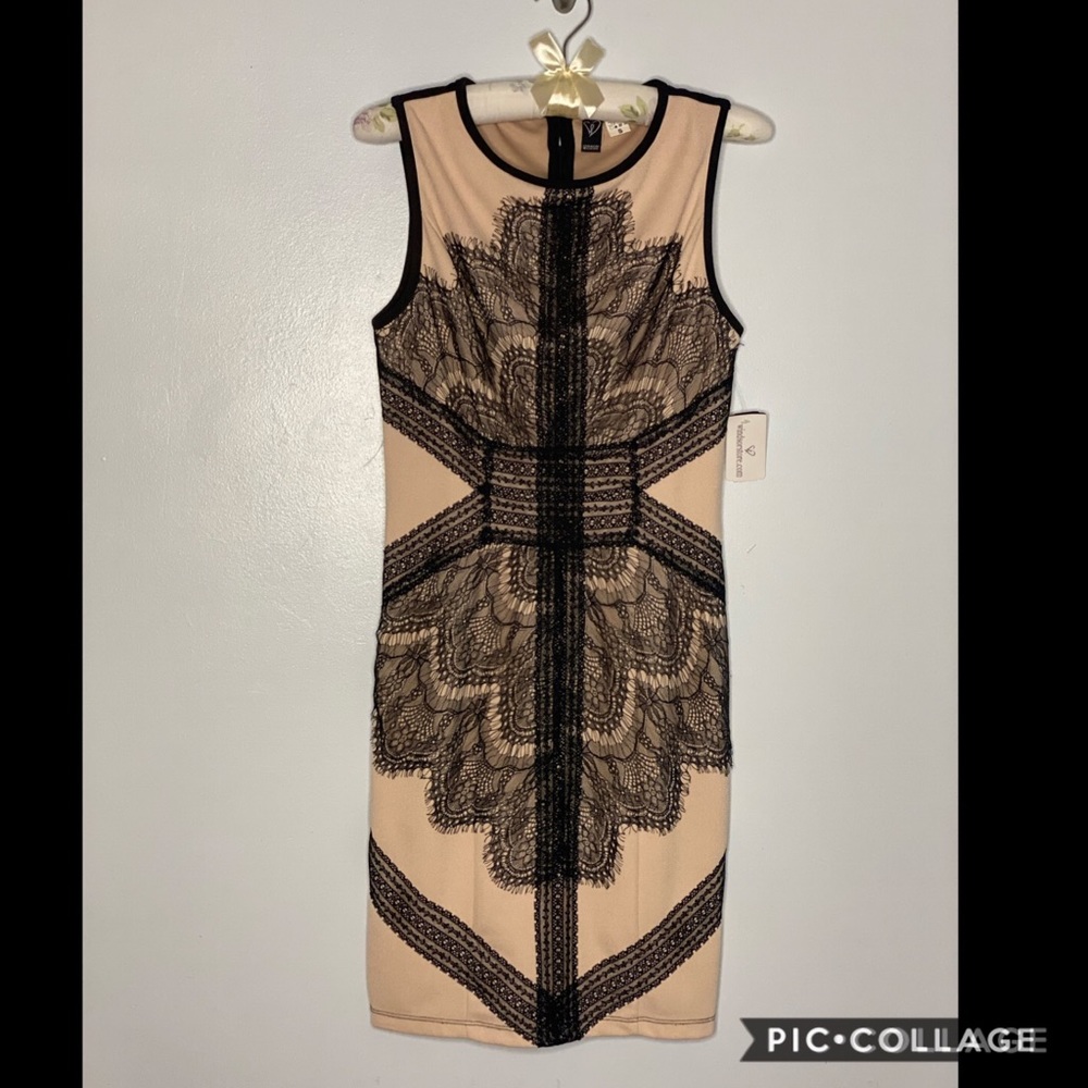 Black lace over pink underlay cocktail dress. NWT